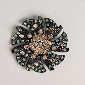 Vintage ROM Brooch Pendant Pink Peach‎ Green Rhinestones Round Black Pinwheel